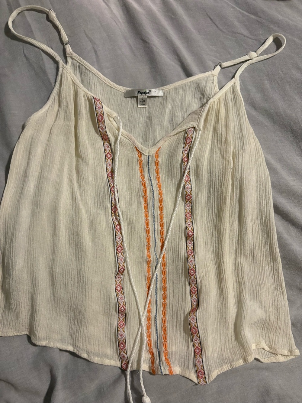 Papaya Ivory Sleeveless Embroidered V-Neck Cami with Pink and Orange Trim